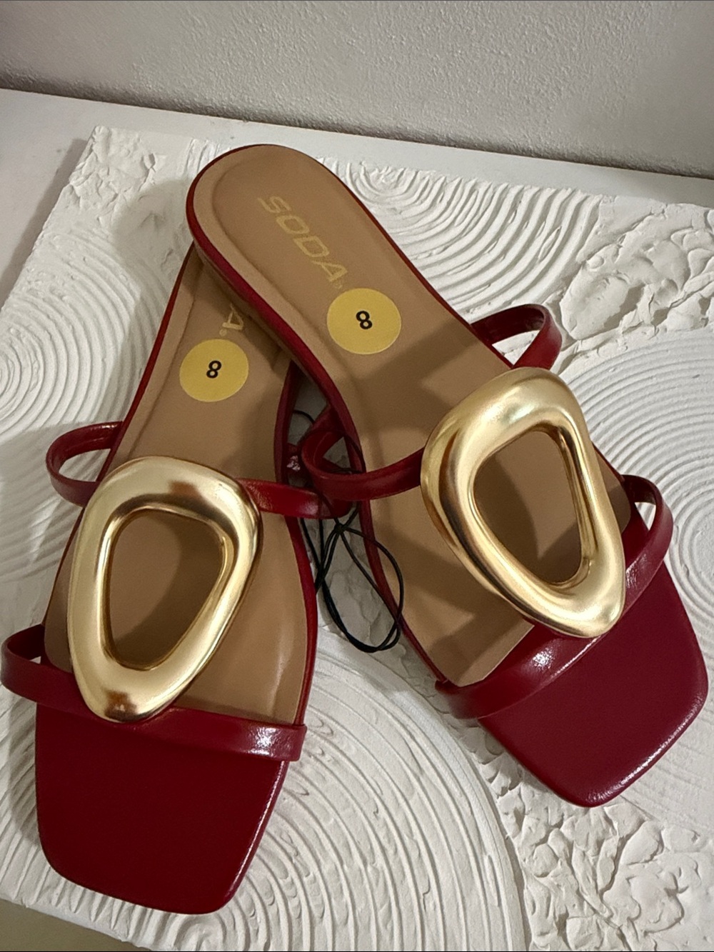 Soda Red Slide Sandals with Large Gold Ornament